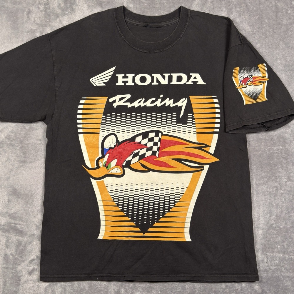 VTG Honda Racing Woody Woodpecker Graphic Print Short Sleeve Black 2XL READ